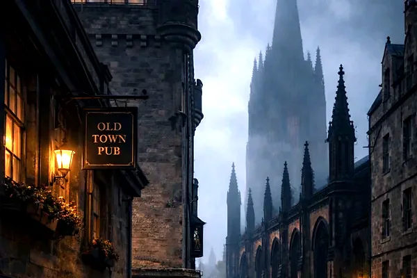 L'insegna dell'Old Town Pub in una via di Edimburgo, di sera sotto la pioggia