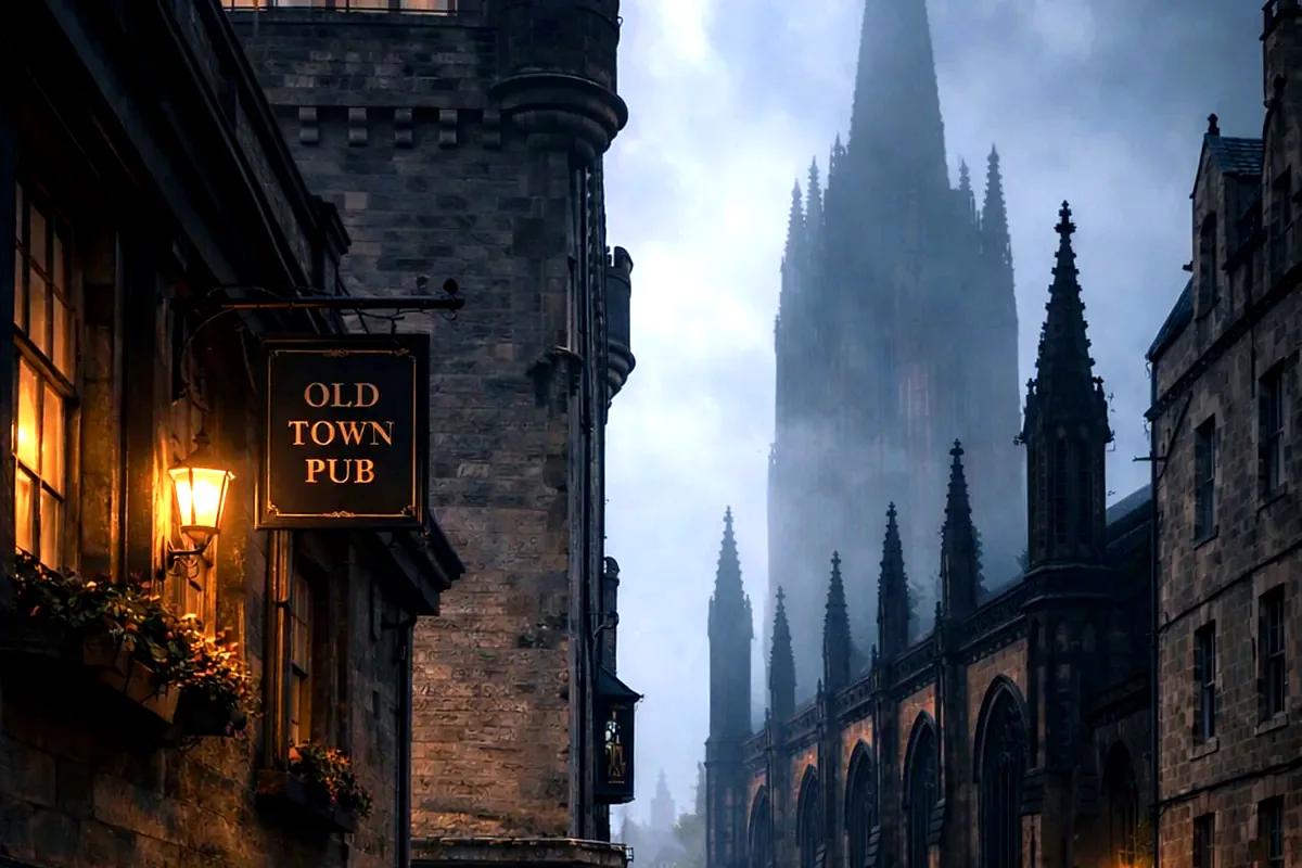 L'insegna dell'Old Town Pub in una via di Edimburgo, di sera sotto la pioggia